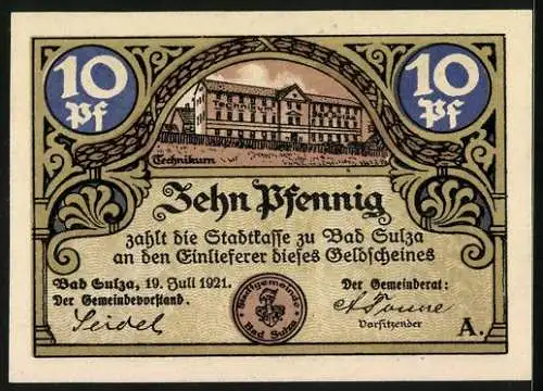 Notgeld Bad Sulza 1921, 10 Pfennig, Rathaus mit Weinbergen, Technikum