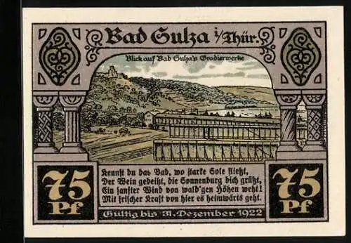 Notgeld Bad Sulza 1921, 75 Pfennig, Blick auf Gradierwerke, Krähenhütte