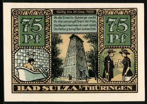 Notgeld Bad Sulza 1921,75 Pfennig, Karl Alexander Sophienquelle, Kranker im Bad, Sanitas