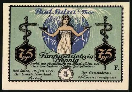 Notgeld Bad Sulza 1921,75 Pfennig, Karl Alexander Sophienquelle, Kranker im Bad, Sanitas