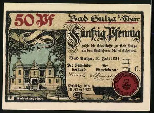 Notgeld Bad Sulza 1921, 50 Pfennig, Trinkhalle, Inhalatorium