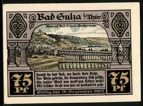 Notgeld Bad Sulza 1921, 75 Pfennig, Ansicht der Gradierwerke, Familie vor der Krähenhütte