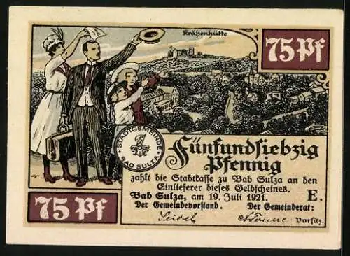 Notgeld Bad Sulza 1921, 75 Pfennig, Ansicht der Gradierwerke, Familie vor der Krähenhütte