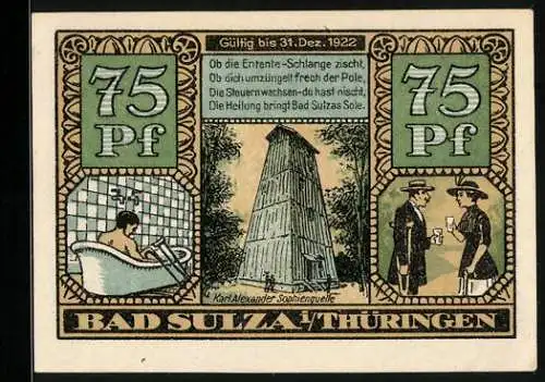 Notgeld Bad Sulza 1921, 75 Pfennig, Karl Alexander Sophienquelle, Sanitas mit Schlangen