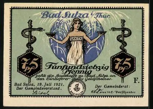 Notgeld Bad Sulza 1921, 75 Pfennig, Karl Alexander Sophienquelle, Sanitas mit Schlangen