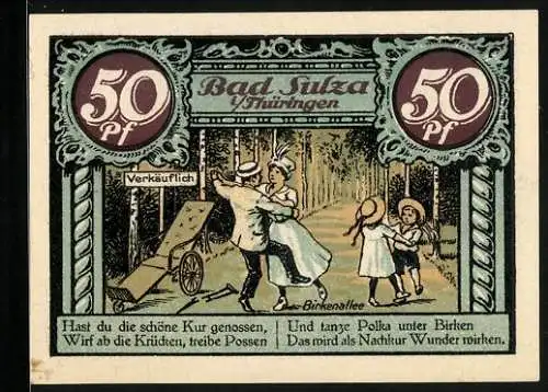 Notgeld Bad Sulza 1921, 50 Pfennig, Tanzende Familie in der Birkenallee, Gradierhaus