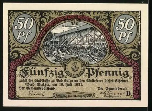 Notgeld Bad Sulza 1921, 50 Pfennig, Tanzende Familie in der Birkenallee, Gradierhaus