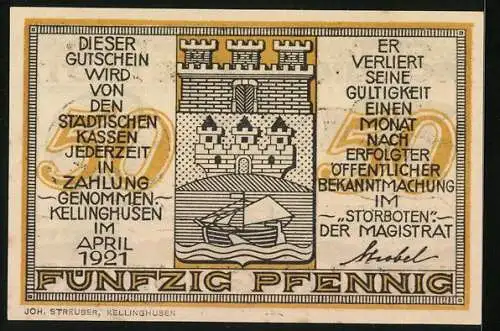 Notgeld Kellinghusen 1921, 50 Pfennig, Engel mit Horn, Fabrik, Stadtwappen