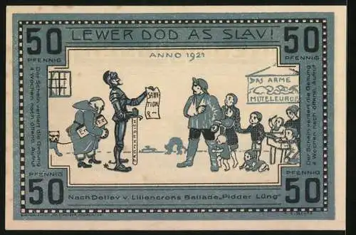Notgeld Kellinghusen 1921, 50 Pfennig, Ortsansicht, Stadtwappen, Szene der Ballade Pidder Lüng