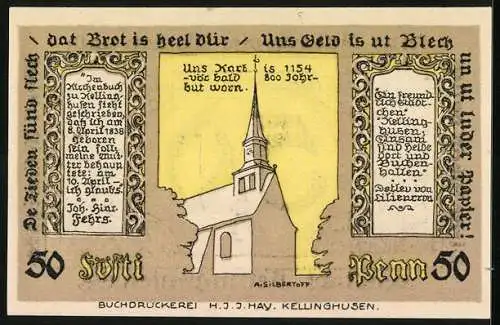 Notgeld Kellinghusen 1920, 50 Pfennig, Stadtwappen, Kirche