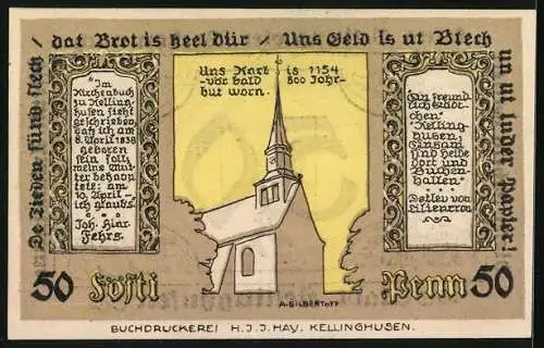 Notgeld Kellinghusen 1920, 50 Pfennig, Stadtwappen, Ansicht der Kirche