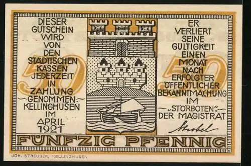 Notgeld Kellinghusen 1921, 50 Pfennig, Engel mit Horn, Stadtwappen