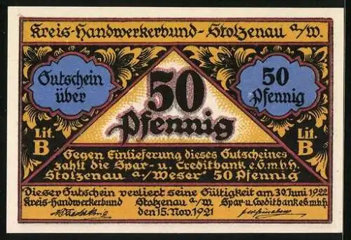 Notgeld Stolzenau 1921, 50 Pfennig, Schuhmacher bei der Arbeit