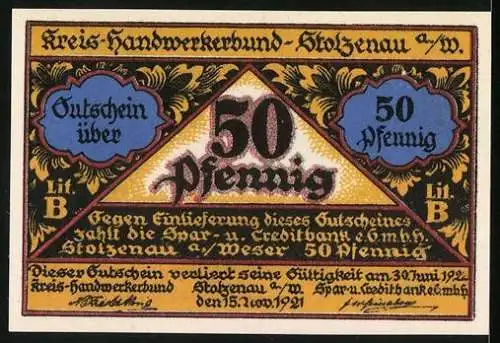 Notgeld Stolzenau 1921, 50 Pfennig, Fleischer, Wappen mit Stier