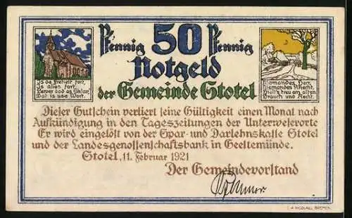 Notgeld Stotel 1921, 50 Pfennig, Mühle, Ritter marschieren ein