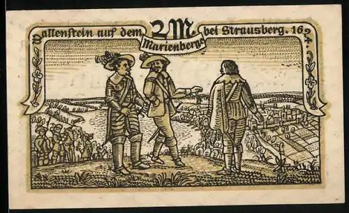 Notgeld Strausberg 1921, 2 Mark, Straus mit Stadtwappen, Männer auf dem Wallenstein