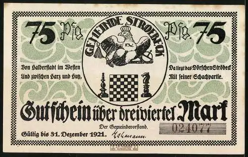 Notgeld Stroebeck 1921, 75 Pfennig, Schach / Chess, Badder mit Rat, Schachspiel