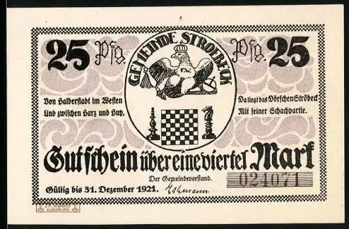 Notgeld Stroebeck 1921, 25 Pfennig, Schach / Chess, Schachbrett mit Springer und Läufer, Schachturm