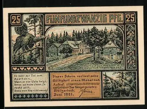 Notgeld Stützerbach 1921, 25 Pfennig, Gasthaus zum Auerhahn, Göthehaus