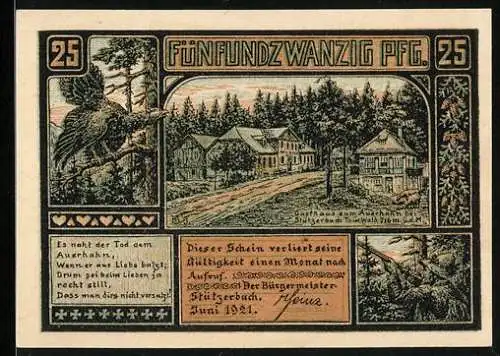 Notgeld Stützerbach 1921, 25 Pfennig, Gasthaus zum Auerhahn, Göthehaus