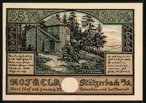 Notgeld Stützerbach 1921, 25 Pfennig, Gasthaus zum Auerhahn, Göthehaus