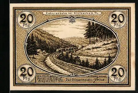 Notgeld Stützerbach, 20 Pfennig, Zahnradbahn, Glasindustrie, Glashütte