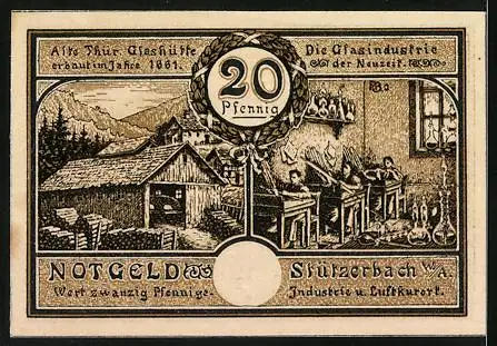 Notgeld Stützerbach, 20 Pfennig, Zahnradbahn, Glasindustrie, Glashütte