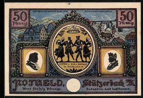 Notgeld Stützerbach 1921, 50 Pfennig, Karl August und Göthe beim Tanz, Jagdschloss