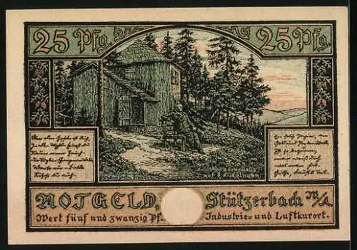 Notgeld Stützerbach 1921, 25 Pfennig, Gasthaus zum Auerhahn, Jäger, Göthehaus