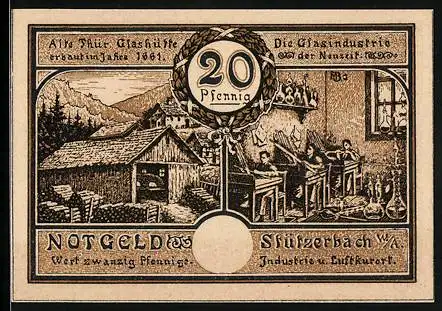 Notgeld Stützerbach 1921, 20 Pfennig, Alte Glashütte, Glasindustrie der Neuzeit