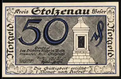 Notgeld Stolzenau 1921, 50 Pfennig, Denkmal des Dichters Wilhelm Busch