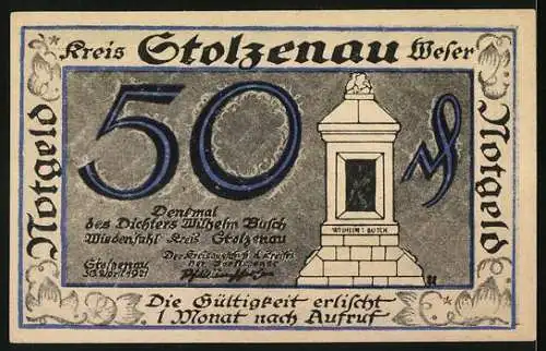 Notgeld Stolzenau 1921, 50 Pfennig, Enthaltsamkeit, Mann mit Weinglas, Denkmal Wilhelm Busch