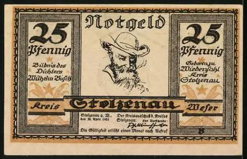 Notgeld Stolzenau 1921, 25 Pfennig, Mann mit rundem Hut