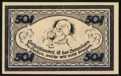 Notgeld Stolzenau 1921, 50 Pfennig, Wilhelm Busch Denkmal, Enthaltsamkeit