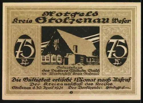 Notgeld Stolzenau 1921, 75 Pfennig, Geburtshaus von Dichter Wilhelm Busch
