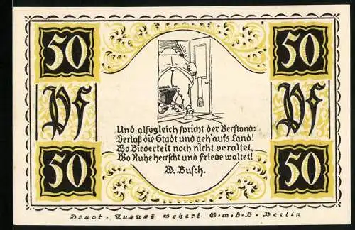 Notgeld Stolzenau 1921, 50 Pfennig, Mann kehrt nach Hause ein, Gedicht W. Busch