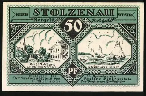 Notgeld Stolzenau 1921, 50 Pfennig, Zitat W. Buschs, Stadt Rehburg, Steinhuder Meer