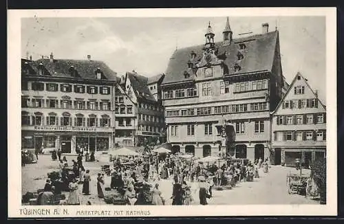 AK Tübingen a. N., Marktplatz mit Rathaus, Restaurant zur Silberburg