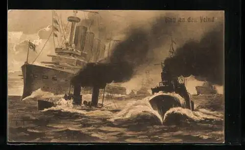 Künstler-AK Deutsche Kriegsschiffe beim Angriff
