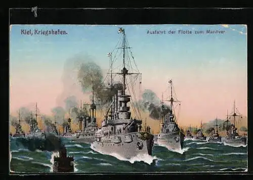 AK Kiel, Kriegshafen, Ausfahrt der Flotte zum Manöver