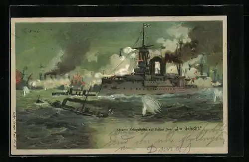 Lithographie Kriegsschiffe im Gefecht auf hoher See