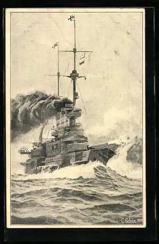 Künstler-AK Ran an den Feind!, Kriegsschiff im Einsatz