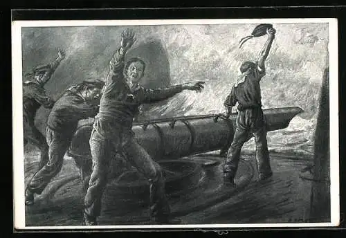 Künstler-AK O. Roloff: Ein Volltreffer, Kriegsschiff, Matrosen mit Kanone