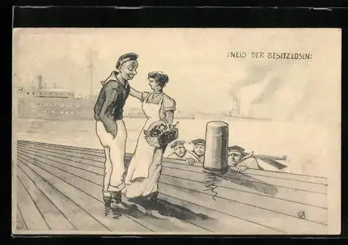 Künstler-AK Matrosen schauen neidisch auf einen verliebten Kameraden