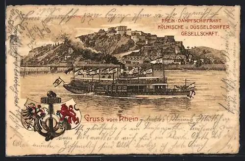Lithographie Koblenz, Dampfer Rheingold passiert Festung Ehrenbreitstein