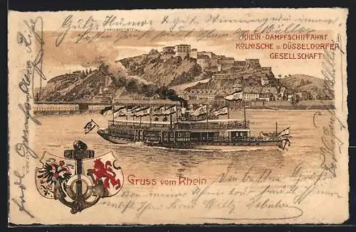 Lithographie Dampfer Rheingold auf dem Rhein vor Ehrenbreitstein
