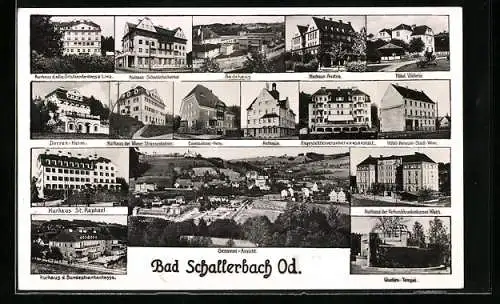 AK Bad Schallerbach, Kurhaus Schallerbachhof, Badehaus, Hotel Viktoria, Quellen-Tempel, Rathaus