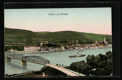 AK Stein a. d. Donau, Häuser am Ufer, Brücke, Dampfer