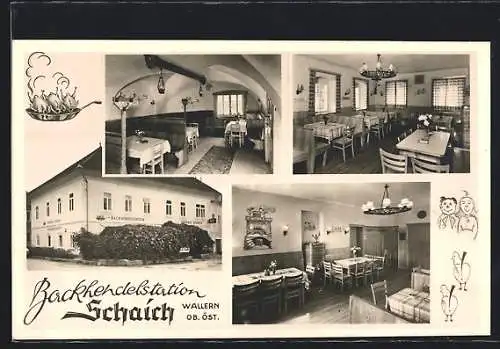 AK Wallern /Trattnach, Backhendelstation Schaich mit Innen- und Aussenansicht und Max und Moritz