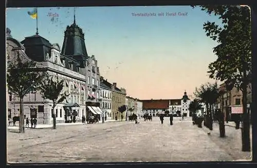 AK Wels, Vorstadtplatz mit Hotel Greif